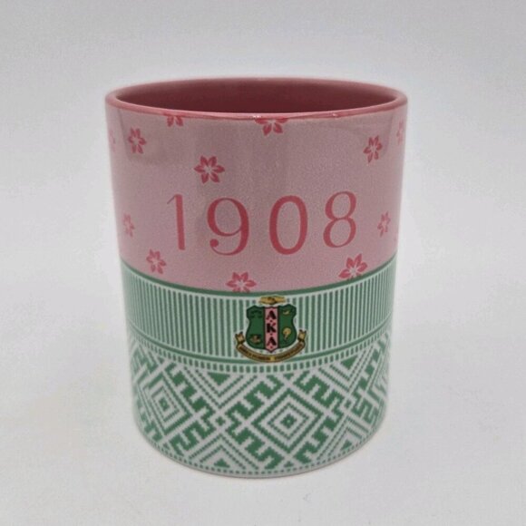 AKA Sorority Coffee Tea Mug Alpha Kappa Alpha Pink Green Flowers Handle New Box - Picture 3 of 9